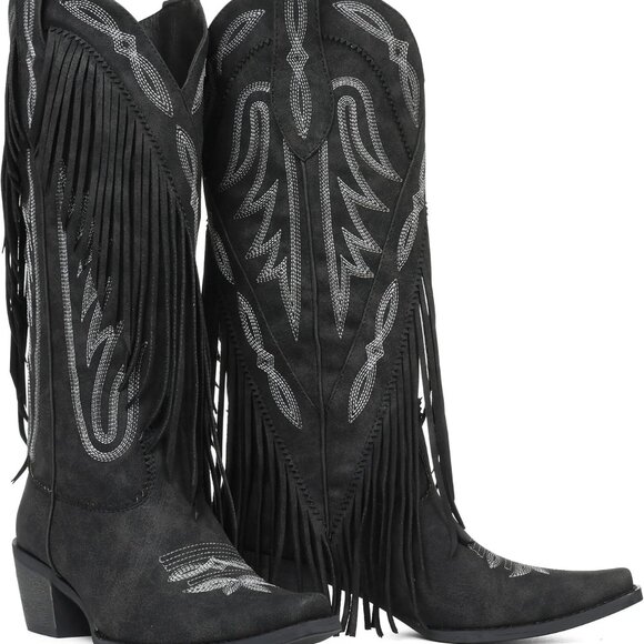 Women Cowboy Boots Fringe Knee High Western Embroidery Pointed Toe Chunky - Picture 1 of 6